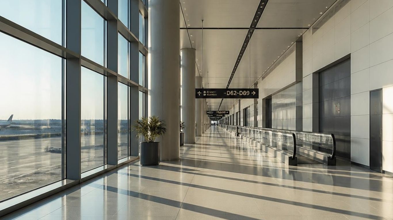 A quiet, empty airport corridor with a moving walkway