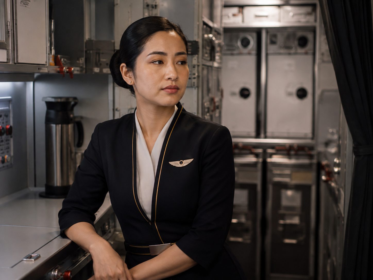 Two cabin crew in conversation about work expectations in the galley